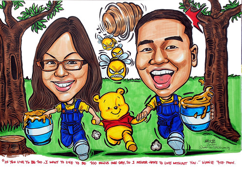 Couple caricatures with baby Winnie the Pooh
