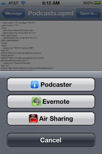 Emailed OPML files from iTunes can be opened in Podcaster on your iPhone