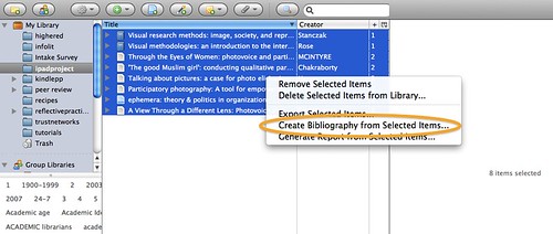 Screenshot of the zotero window with a list of selections highlighted and the right-click menu displayed