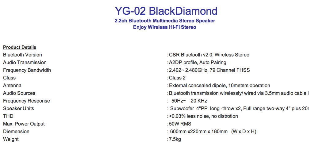 YG-02 BlackDiamond 藍芽喇叭規格