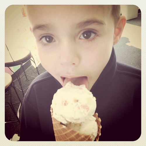 . 50 degrees in town with the boy, had to stop and get a little ice cream .