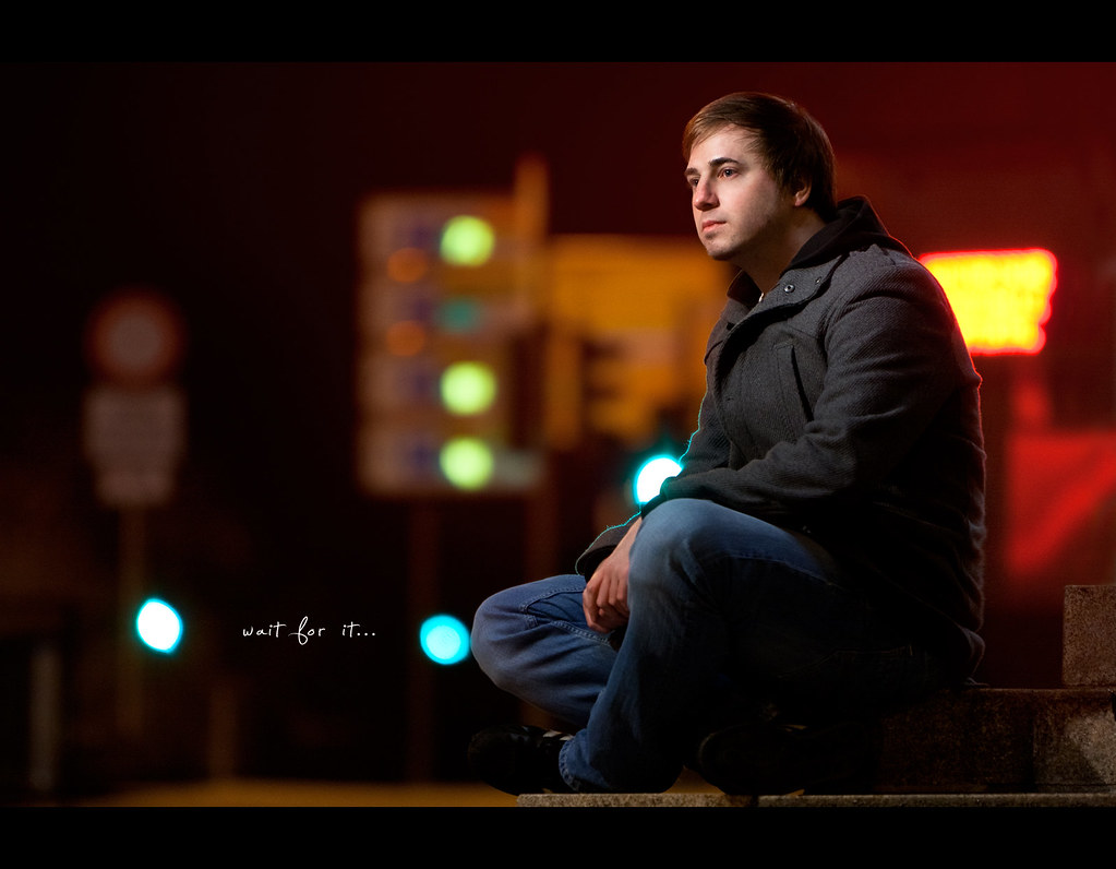 Day 187, 187/365, Project 365, Self Portrait, Bokeh, Strobist, night, night scene, red, rimlight, historische stadthalle, parking signs, commerical light panel, Canon Ef 70-200 F2.8 IS
