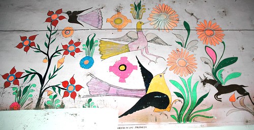 Antique Mexican folk art painting, Garden de los Pajaros, 3 pink birds, deer, purple and orange flowers, Hotel Belmar, Mazatlan, Sinaloa, Mexico by Wonderlane