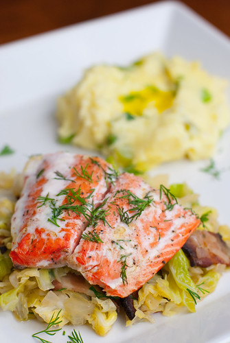 Roasted salmon with bacon & cabbage, and champ
