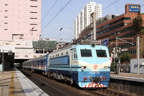 Electric locomotive SS8 0191 hauls a Through Train through Sha Tin station
