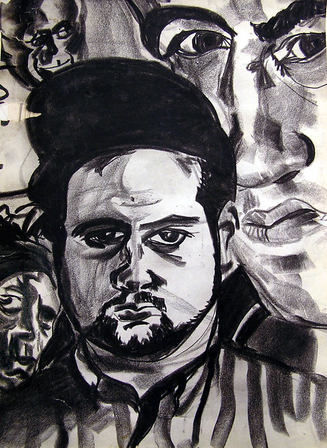 Charcoal self portrait with Picasso, Bogart, and Bulushi, 1989
