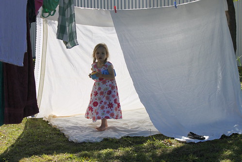 Amelia in the sheet tent