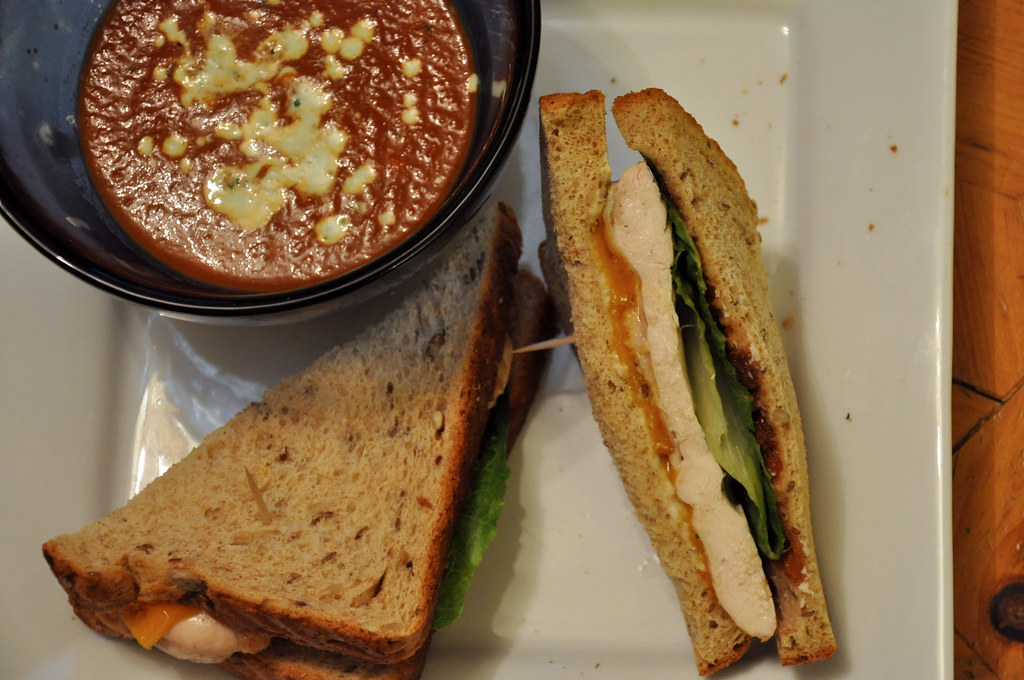 red pepper soup & spiced chicken sandwich