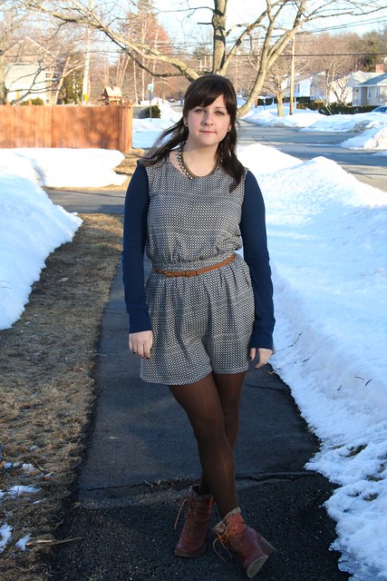 navy blue thermal, mini dress, brown tights, brown boots, Jeffrey Campbell, Forever 21