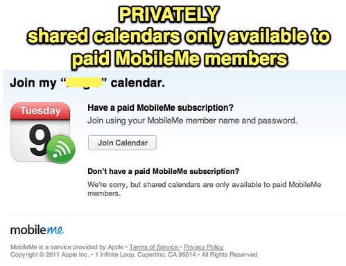 PRIVATELY shared calendars only available to paid MobileMe members