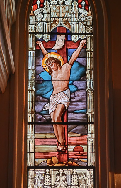 Saint Joseph Roman Catholic Church, in Louisiana, Missouri, USA - stained glass window detail of the Crucifixion