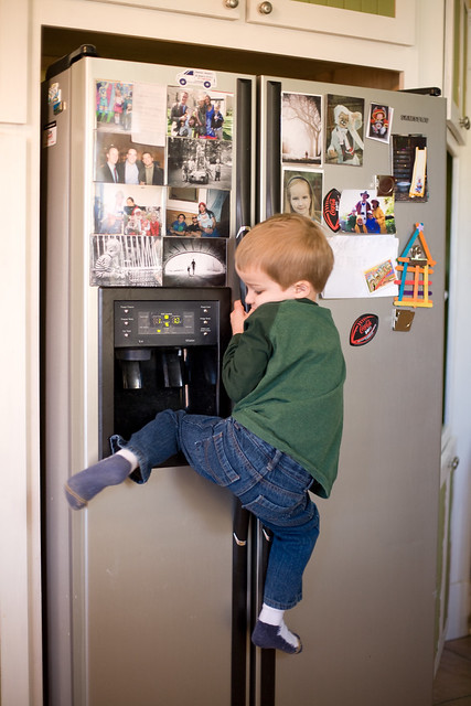 Climbing the fridge (it helps when you put your knee in the water dispenser) to get the magnet that you want.