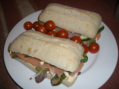 Ciabatta with egg mayo, baby leaf lettuce, smoked salmon, sliced cucumber & cherry tomatoes
