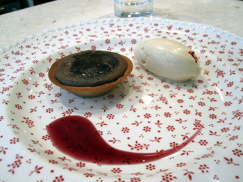 Warm Chocolate Tart with Pink Peppercorn Ice Cream and Red Wine Sauce
