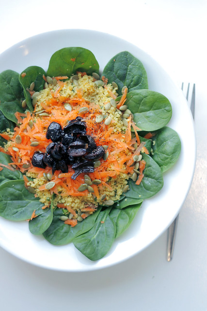 Spinach, Carrots and Black Olives Couscous
