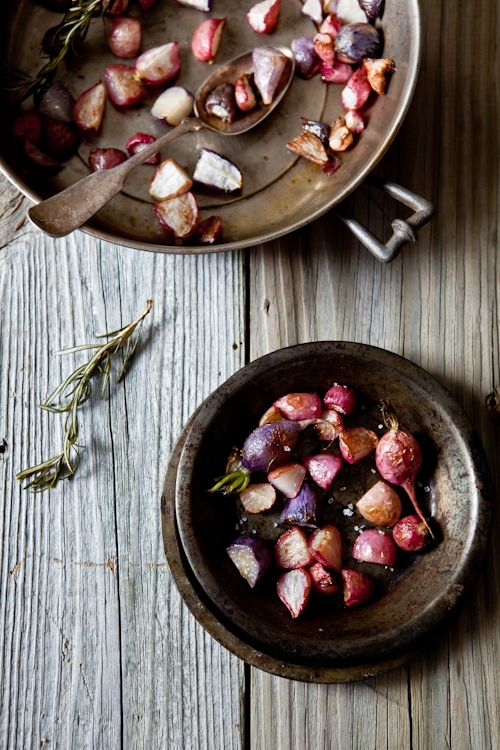 Rosemary Roasted Radishes in pans