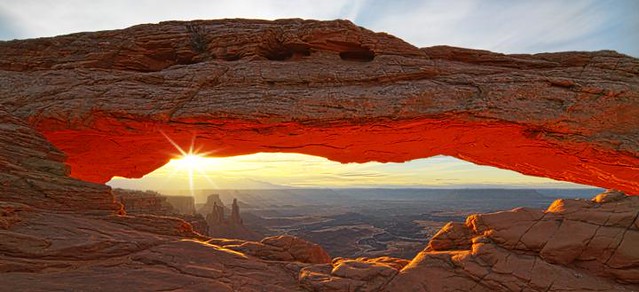 Sunrise photo of Mesa Arch in Canyonlands National Park, Utah near Moab. A natural arch in the Colorado Plateau. 
Located in the Island in the Sky District.
