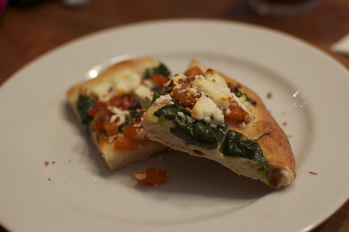 Pizza with Spinach, Goat Cheese, Red Peppers and Homemade Marinara