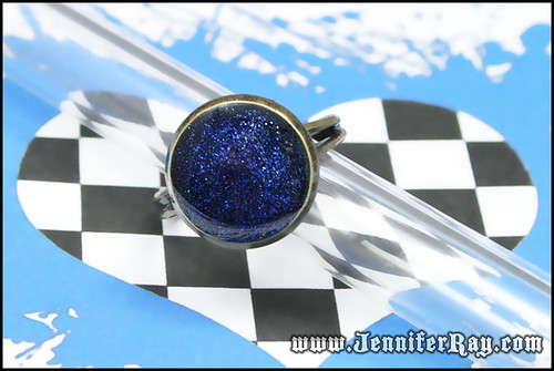 Deep Blue Sea - Blue Resin Glitter Antique Brass Ring by JenniferRay.com