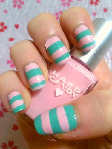 Mint Green and Bubblegum Striped Manicure by KitaRei