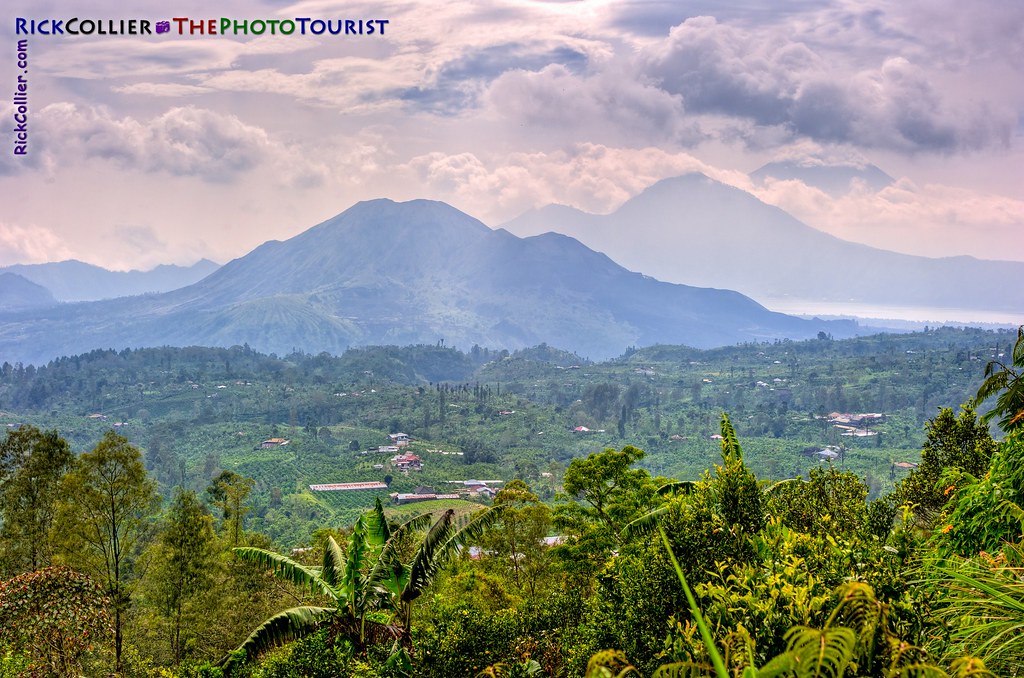 Bali landscape view framed by Mount Bratur and Lake Bratur in the distance