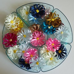 Hand made ribbon flower brooches by Jane Cameron