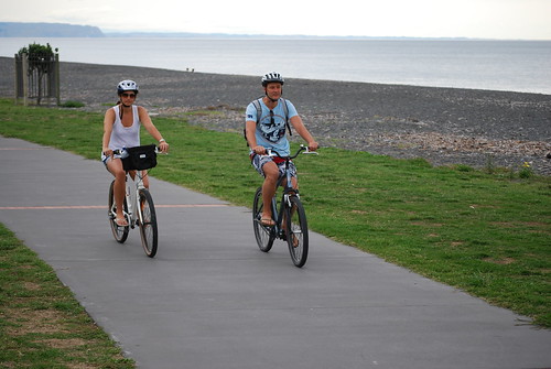 Biking along the off road cycle track on Marine Parade, Napier 