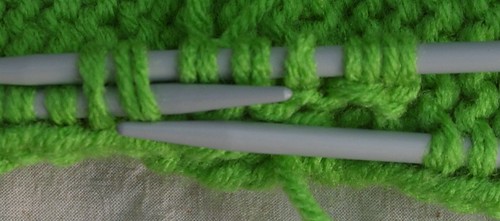 Green size 8 needles doubled WW RHSS Body top 6 st to base of end working 6th st tog with 1 fr side