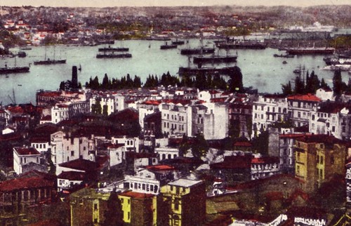 Istanbul, Corne d'or (années 1930?), carte postale colorisée, détail