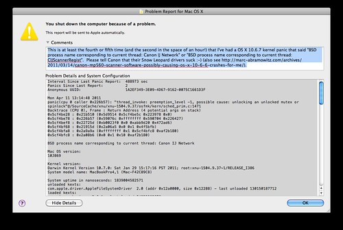 OS X 10.6.7 kernel panic mentioning "Canon IJ Network"