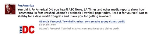 ABC News, LA Times and other media reports show how ForAmerica FB fans crashed Obama's Facebook Townhall page today.