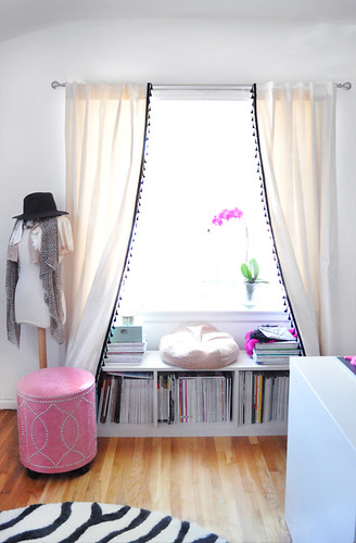  office window+bookshelf seat  under the window+curtains DIY with tassels