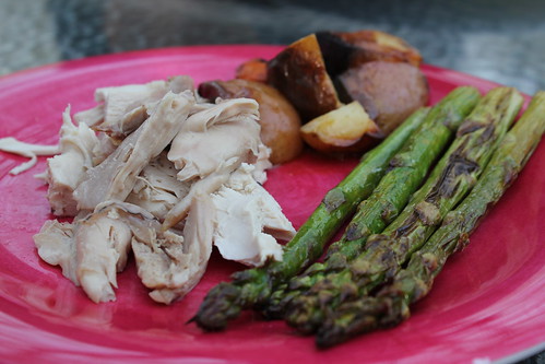 Roast chicken, ptoatoes and carrots, and asparagus