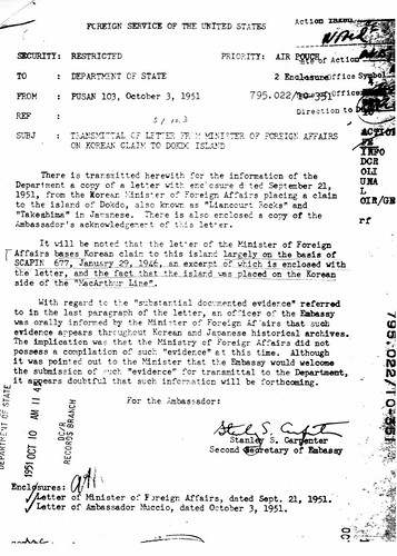 1951 1003 Transmittal of letter from Minister of Foreign Affairs of Korean Claim to Dokdo Island_1