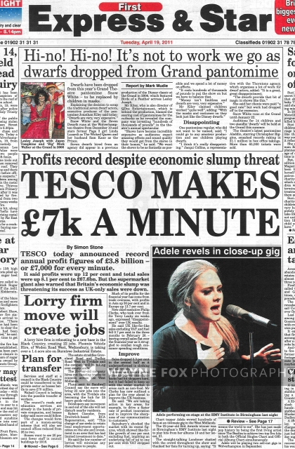 Adele, exclusive, Express and Star front cover - 19 April 2011