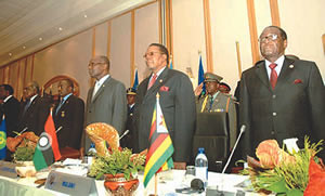 Leaders gather at the Southern Africa Development Community (SADC) where a resolution was passed on the situation in Zimbabwe. President Mugabe is shown on the far right of the photograph. by Pan-African News Wire File Photos