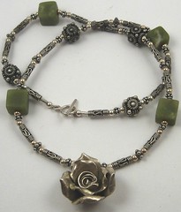 Jade and Bali silver necklace with Thai silver rose