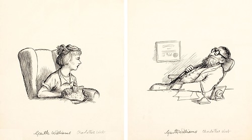 2 ink drawings: one of reclining bearded doctor + a seated female patient
