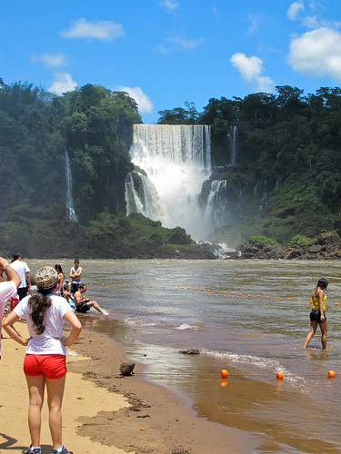 The Beach and Falls - Iguazu Falls, Argentina