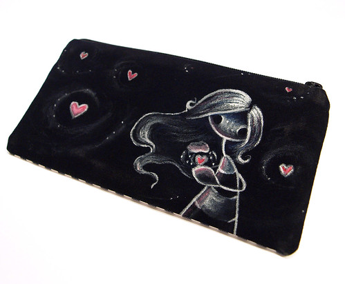 Handpainted pouch: Hearts in the night