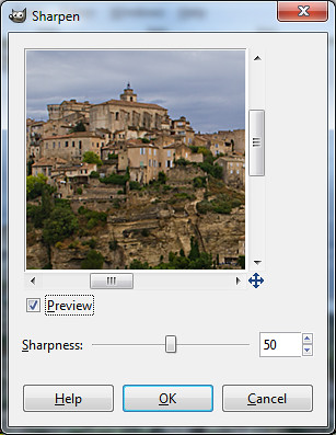 The "Sharpen" dialog box in GIMP