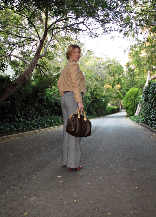 wide leg tweed pants with camel jacket and louis vuitton bag