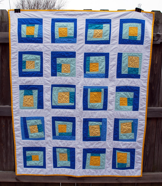 wonky blue and yellow square quilt