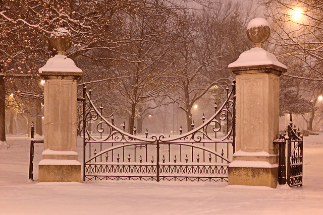 Lafayette Park, in Saint Louis MIssouri, USA - gates, at night, in the snow