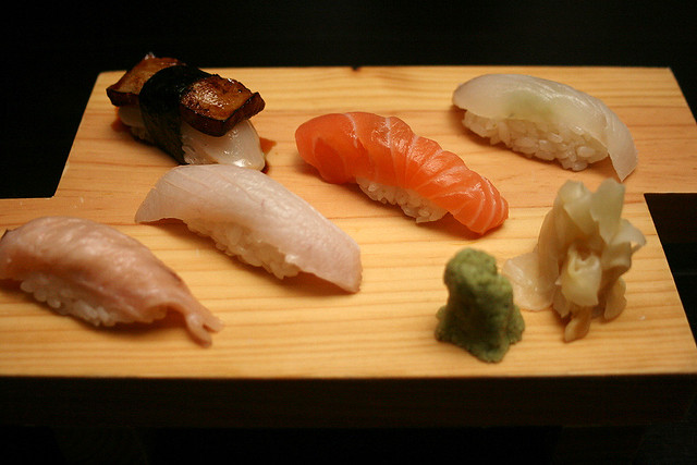 Sushi of Kajiki, Hiramasa, Salmon, and Hirame. Upper left - foie gras with scallop (not in Xmas menu)