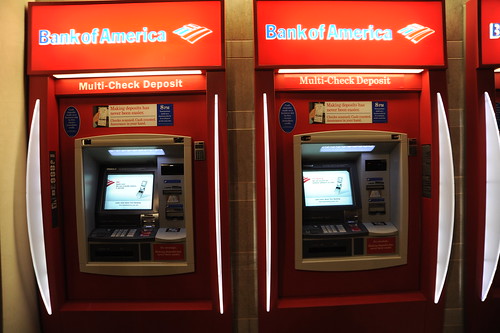 Bank of America cash machine, multi-check deposit, lit panels, sign-in screen, keypad, make deposits has never been easier, University Village, Seattle, Washington, USA by Wonderlane
