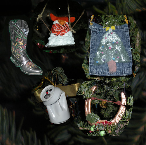 These ornaments exemplify the recycled nature of ornaments submitted by Wyoming residents for this year's trees, including a horse shoe, blue jeans pocket, a crushed can angel, and a snow man made from recycled drywall plaster. (US Forest Service photos by Phil Sammon) 