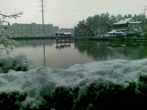 雪中の新月湖
