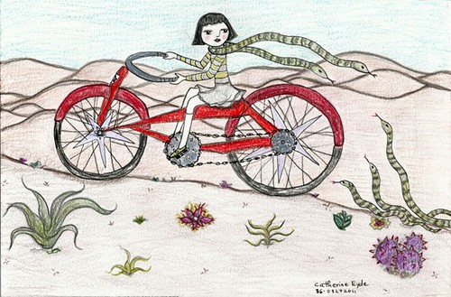 "Snake Scarf" by Catherine Eyde, a drawing in which a girl wearing a long-sleeved shirt, a skirt and kneesocks rides through cacti-dotted hills of sand on a giant red bicycle with a green, two-headed snake wrapped around her neck like a scarf