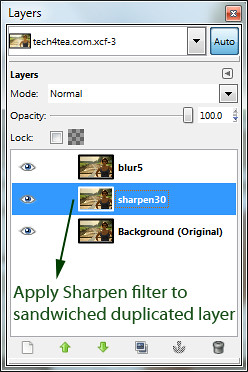 Layers dialog showing the sharpened duplicate layer